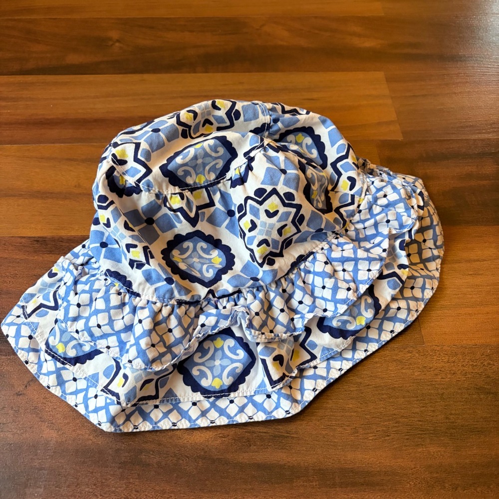 Y2K retired Gymboree Blue White Geometric Tile Ruffle Sun Hat Kids 4T-5T Cotton